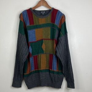 Vintage Tosani Sweater Mens XL Gray Green Blue Colorblock Wool Made in Canada
